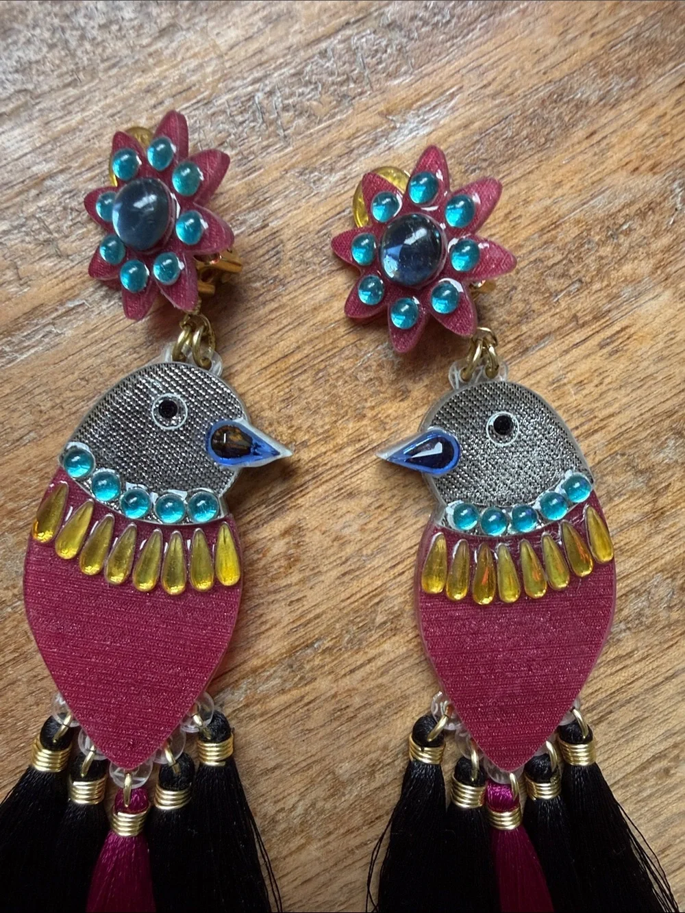 Mercedes Salazar Magenta and Black Bird Tassel Earrings with Gem Accents